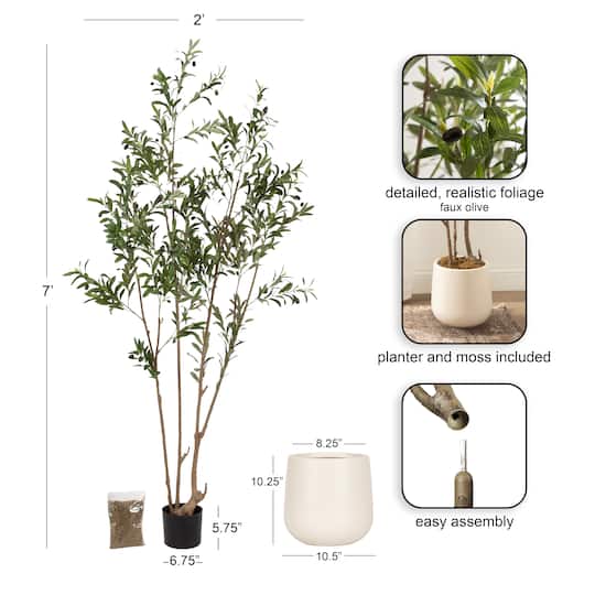 Kate and Laurel 7ft. Oliveira Faux Olive Tree with Jia Curved Cream Planter